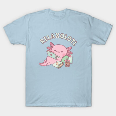 Light blue T-shirt with "Relaxolotl" axolotl graphic, cute design, casual wear, cotton material, unisex style.