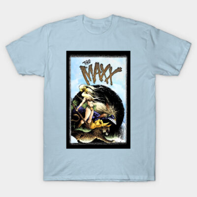 Light blue graphic tee with a colorful comic-inspired design, featuring "The Maxx" text. Casual cotton t-shirt for fans.