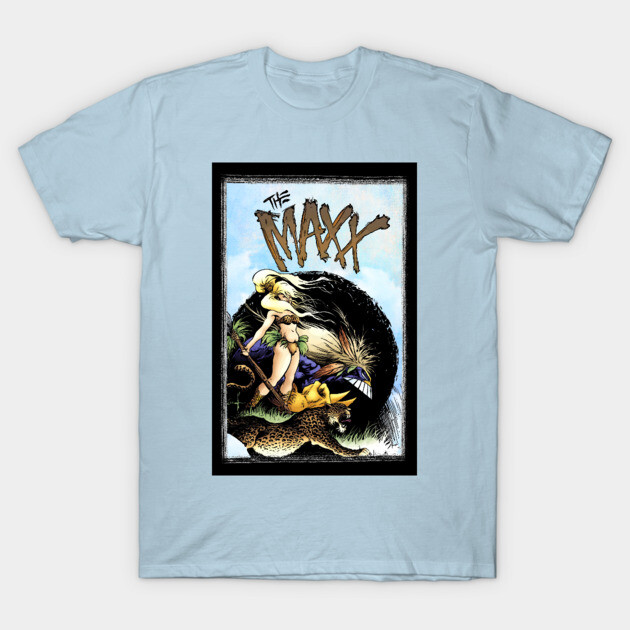 Light blue graphic tee with a colorful comic-inspired design, featuring "The Maxx" text. Casual cotton t-shirt for fans.