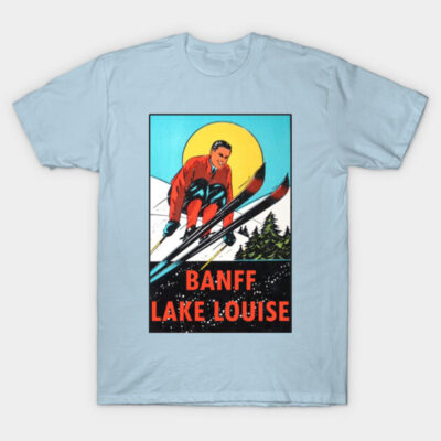Light blue t-shirt with retro skiing graphic, featuring "Banff Lake Louise" text, ideal for casual wear and ski enthusiasts.