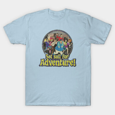 Light blue t-shirt with "Set Sail for Adventure" graphic, casual style, comfortable cotton material, perfect for everyday wear.