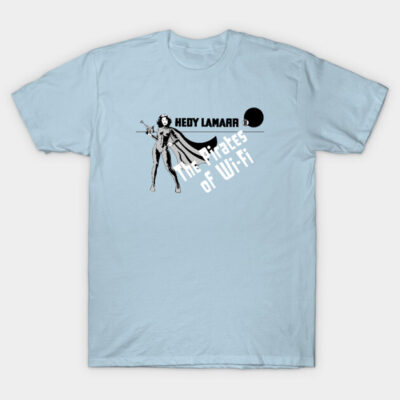 Light blue graphic T-shirt with "The Pirates of Wi-Fi" theme, featuring retro design. Casual wear, cotton material.