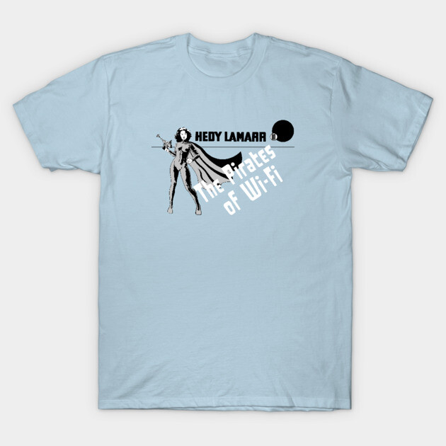 Light blue graphic T-shirt with "The Pirates of Wi-Fi" theme, featuring retro design. Casual wear, cotton material.