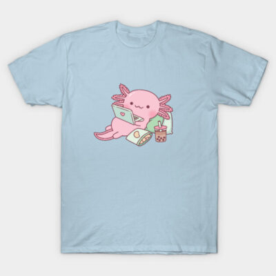 Light blue t-shirt with cute pink axolotl graphic, featuring laptop and bubble tea. Casual, comfortable cotton tee.
