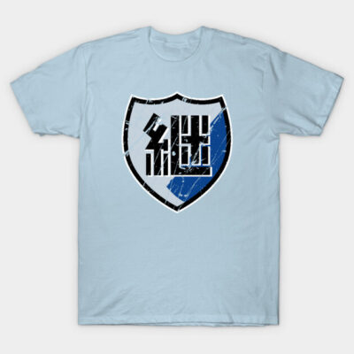 Light blue t-shirt with a retro shield graphic, featuring a black and blue design, perfect for casual wear.