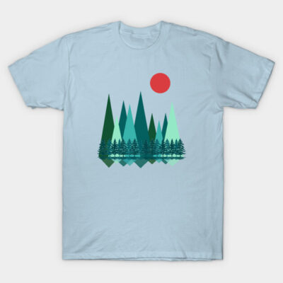 Light blue t-shirt with geometric forest and red sun design, casual style, cotton material.