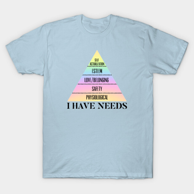 Light blue t-shirt with colorful pyramid design and "I Have Needs" text, casual wear, cotton material.