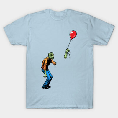 Light blue t-shirt with cartoon zombie and red balloon graphic, casual style, 100% cotton material.