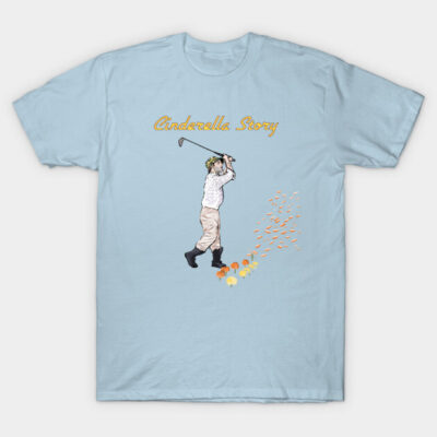 Light blue t-shirt with "Cinderella Story" text and golf-themed graphic, casual wear, cotton material.