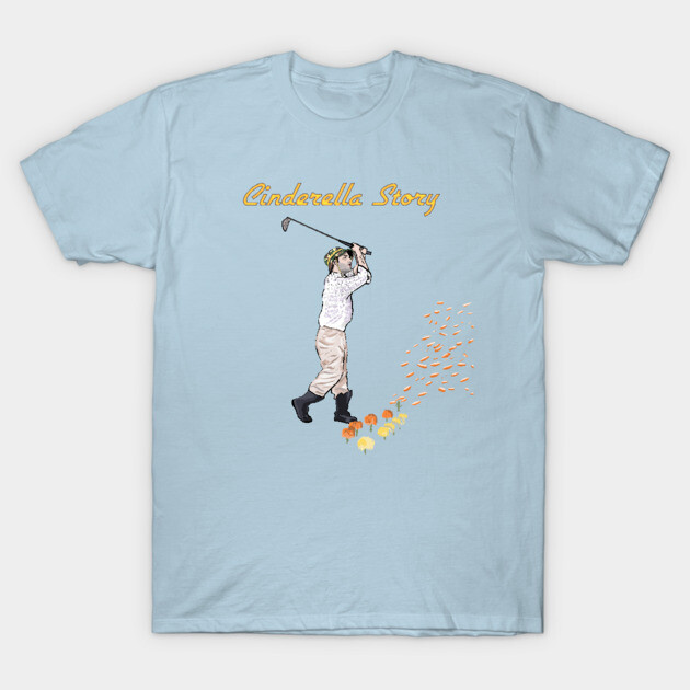 Light blue t-shirt with "Cinderella Story" text and golf-themed graphic, casual wear, cotton material.
