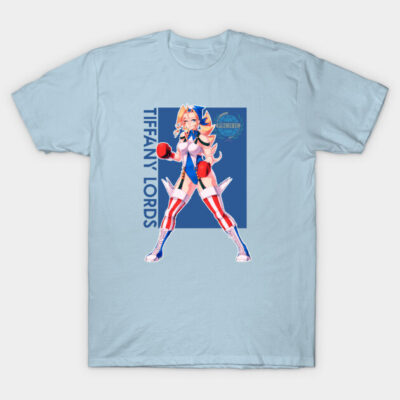 Light blue t-shirt with vibrant graphic design featuring a colorful character in sporty attire. Perfect for casual wear.