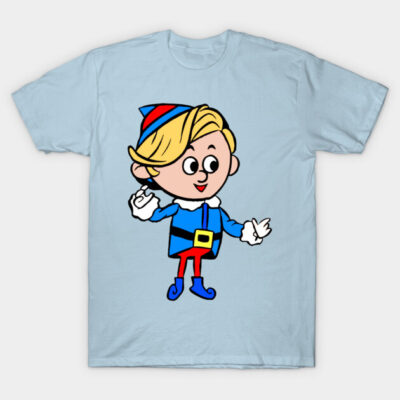 Light blue T-shirt with cartoon elf design, colorful outfit, casual wear, breathable cotton material, ideal for holidays.