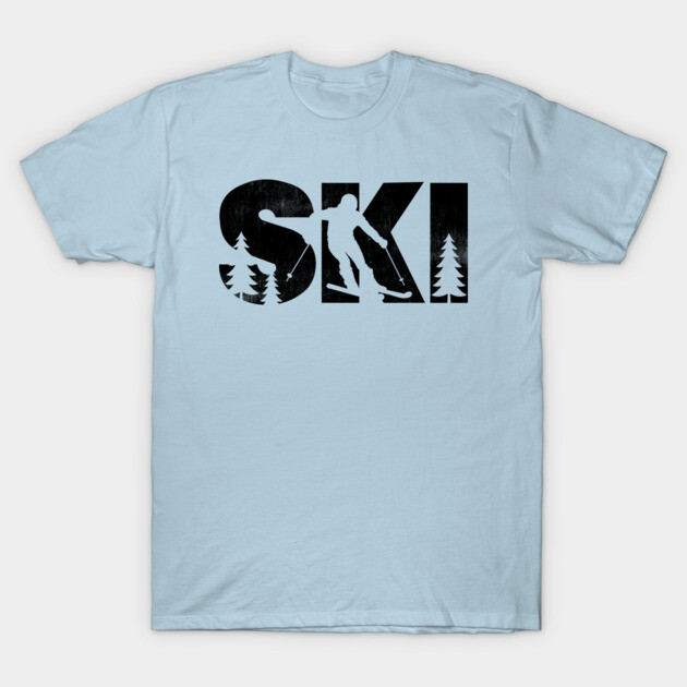 Light blue ski-themed t-shirt with black silhouette design, featuring skier and trees. Ideal for winter sports enthusiasts.