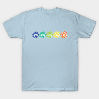 Light blue t-shirt with rainbow flower design, casual style, cotton fabric, perfect for everyday wear.