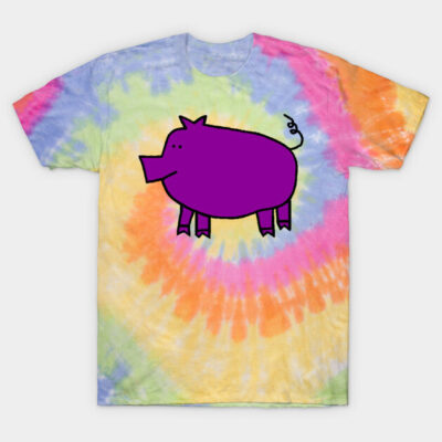 Tie-dye T-shirt with colorful swirl pattern and purple cartoon pig design, perfect for casual wear and vibrant style.