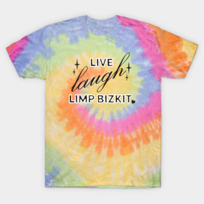 Tie-dye t-shirt with "Live Laugh Limp Bizkit" text, multicolor spiral design, casual style, cotton material.