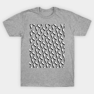 Gray t-shirt with black and white penguin pattern, casual style, cotton material. Perfect for everyday wear.