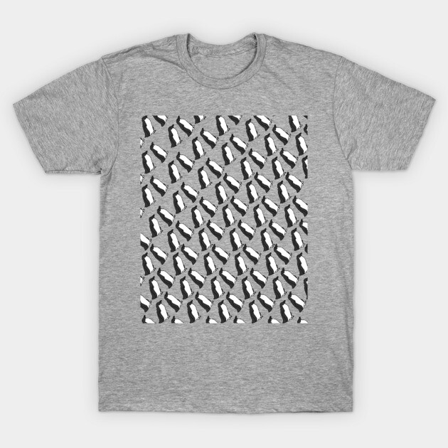Gray t-shirt with black and white penguin pattern, casual style, cotton material. Perfect for everyday wear.