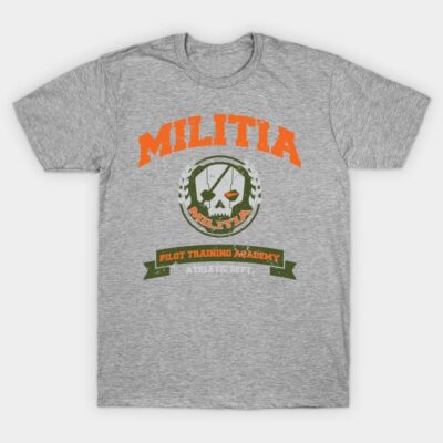 Gray graphic t-shirt with "Militia" text and skull emblem, ideal for casual wear. Cotton blend, unisex style.
