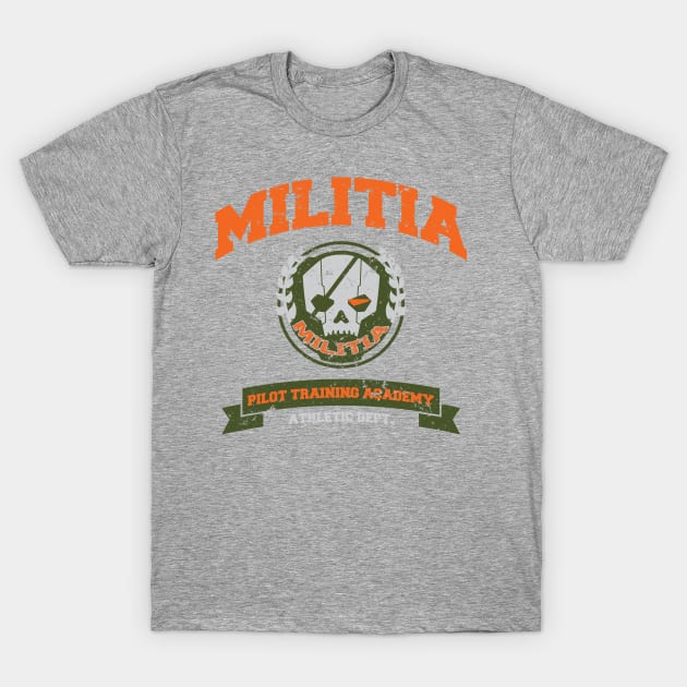 Gray graphic t-shirt with "Militia" text and skull emblem, ideal for casual wear. Cotton blend, unisex style.
