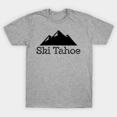 Gray "Ski Tahoe" T-shirt with mountain graphic, casual style, cotton material, ideal for outdoor or casual wear.