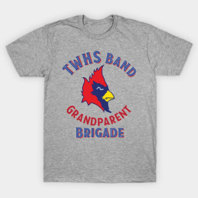 Gray t-shirt with TWHS Band Grandparent Brigade logo, red and blue text, featuring a red cardinal graphic. Ideal for events.