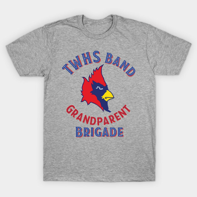 Gray t-shirt with TWHS Band Grandparent Brigade logo, red and blue text, featuring a red cardinal graphic. Ideal for events.