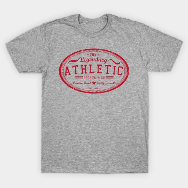 Gray athletic T-shirt with red vintage logo print, casual sportswear, cotton blend, unisex style for everyday use.