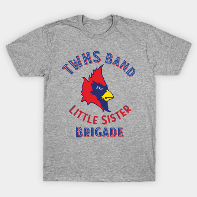 Gray T-shirt with colorful bird graphic, "TWHS Band Little Sister Brigade" text, casual cotton style.