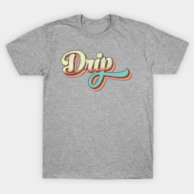 Gray t-shirt with "Drip" in colorful retro script design, stylish casual wear, cotton blend, unisex.