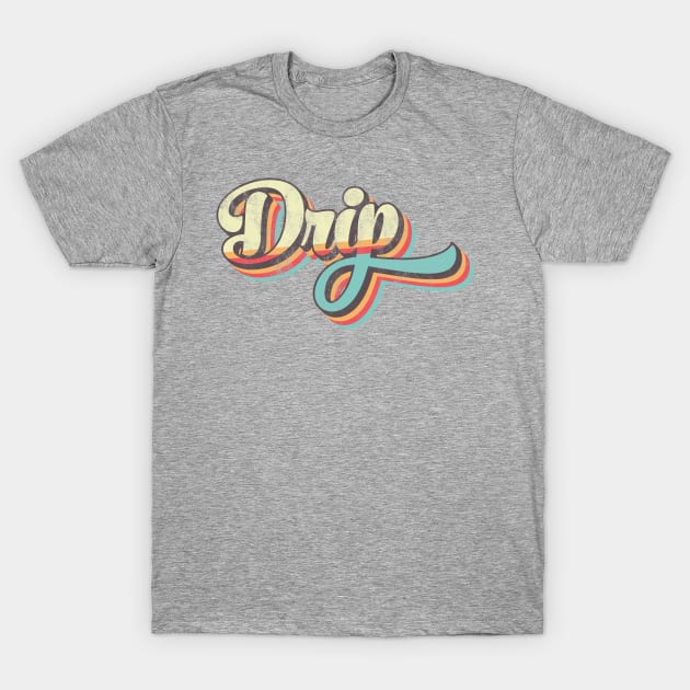 Gray t-shirt with "Drip" in colorful retro script design, stylish casual wear, cotton blend, unisex.