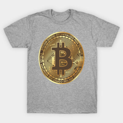 Gray Bitcoin logo t-shirt, casual style, cotton material, ideal for cryptocurrency enthusiasts and everyday wear.