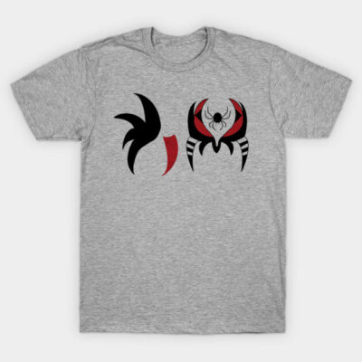 Gray graphic t-shirt featuring red and black abstract design, casual unisex style, cotton material.