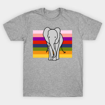 Gray T-shirt with colorful striped elephant design, casual style, soft cotton material, perfect for everyday wear.