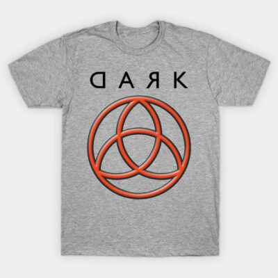Gray t-shirt with bold red geometric design and text, casual style, cotton material, unisex, ideal for everyday wear.
