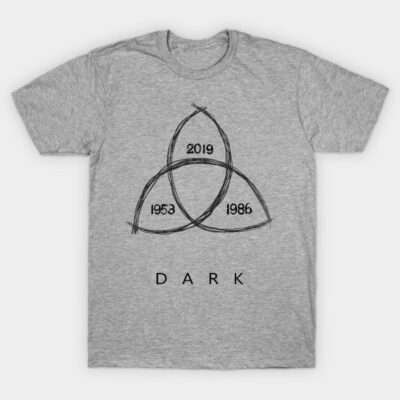 Gray cotton t-shirt with black triquetra symbol and years 1953, 1986, 2019 printed on front, casual style.