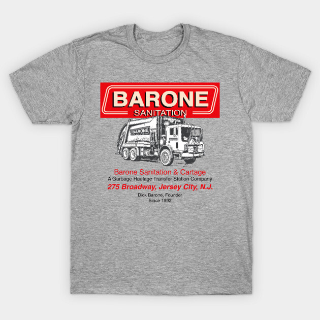 Gray t-shirt with red and black graphic of a sanitation truck, featuring text design for casual or workwear.