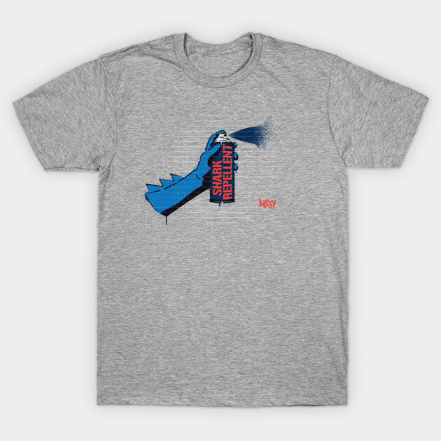 Gray T-shirt with blue shark repellent graphic, casual style, soft cotton material, ideal for everyday wear.
