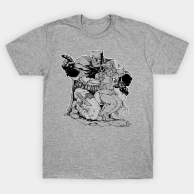 Gray graphic t-shirt featuring superhero illustration, cotton material, casual wear, unisex design.