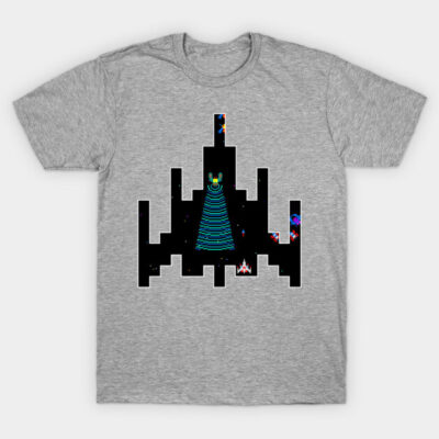 Heather gray t-shirt with retro space game design, unisex casual wear, soft cotton fabric, ideal for gaming enthusiasts.