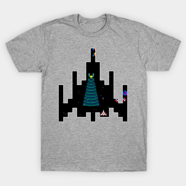 Heather gray t-shirt with retro space game design, unisex casual wear, soft cotton fabric, ideal for gaming enthusiasts.
