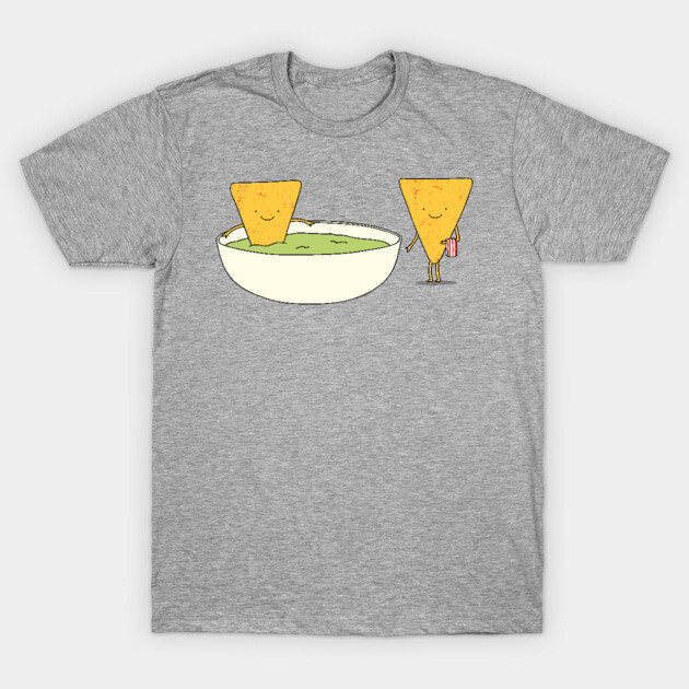 Gray T-shirt with playful nacho and dip graphic, casual cotton blend, ideal for everyday wear.