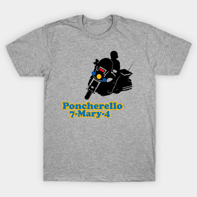 Gray T-shirt featuring a motorcycle silhouette with text "Poncherello 7-Mary 4", casual wear, cotton blend.
