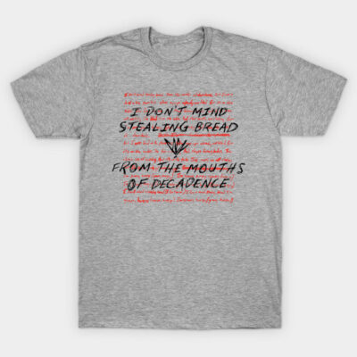 Gray graphic t-shirt with bold black and red text design, casual style, made of cotton, ideal for everyday wear.