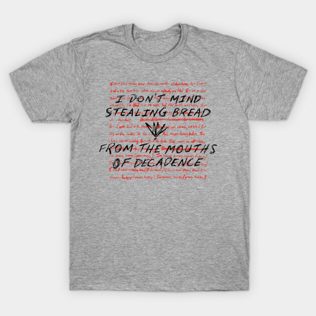 Gray graphic t-shirt with bold black and red text design, casual style, made of cotton, ideal for everyday wear.