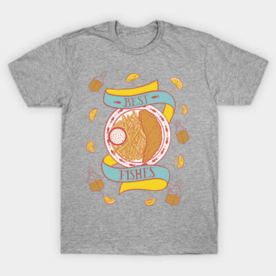 Gray t-shirt with "Best Fishes" design featuring fish and chips graphic, casual cotton tee.