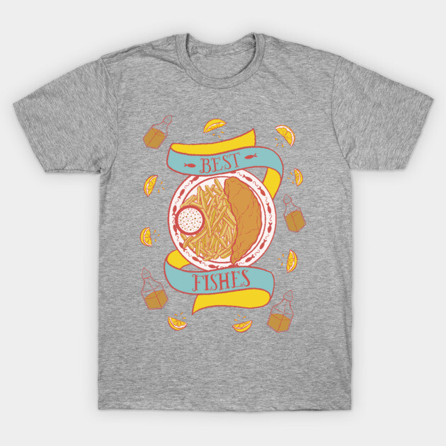 Gray t-shirt with "Best Fishes" design featuring fish and chips graphic, casual cotton tee.