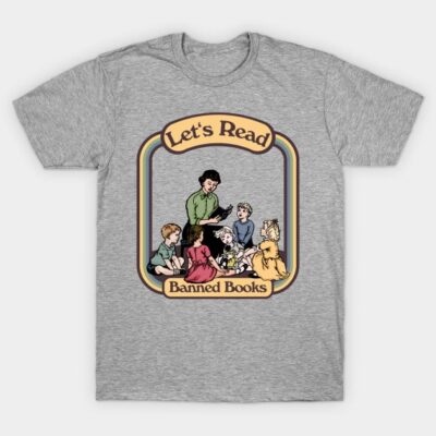 Gray cotton t-shirt with "Let's Read Banned Books" graphic design, featuring vintage illustration style.