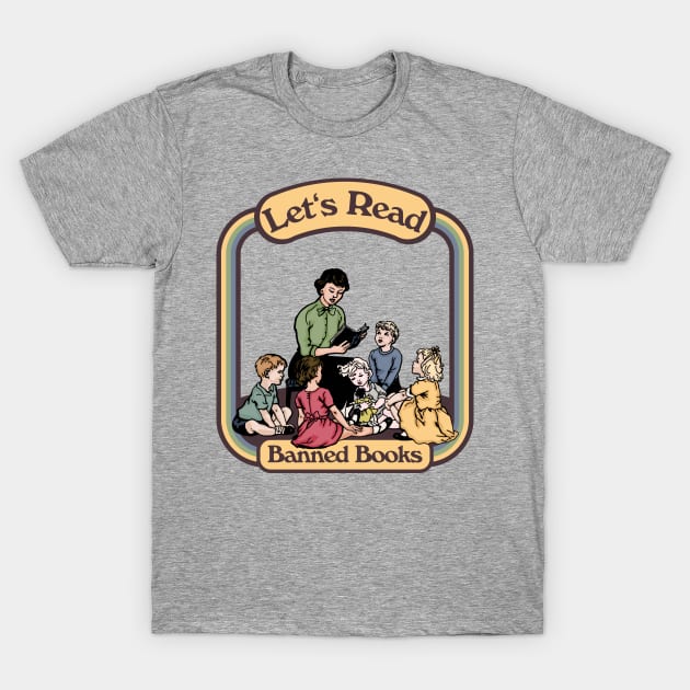Gray cotton t-shirt with "Let's Read Banned Books" graphic design, featuring vintage illustration style.