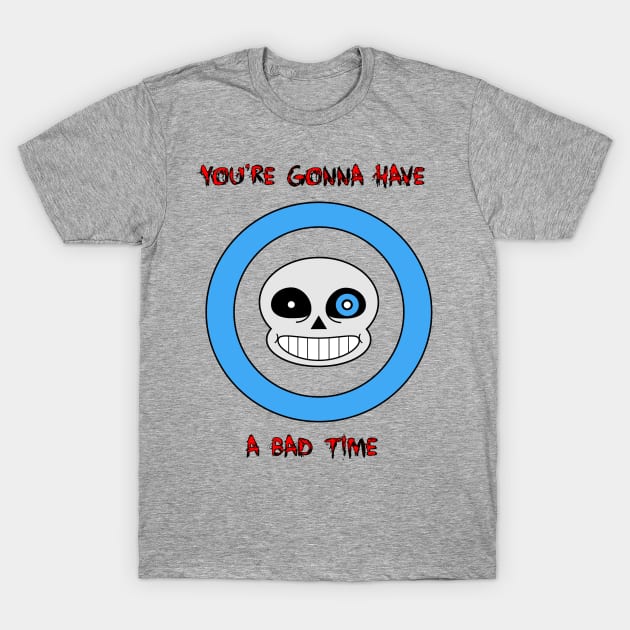Gray t-shirt with blue circle and cartoon skull graphic, featuring red text design. Casual, cotton material.
